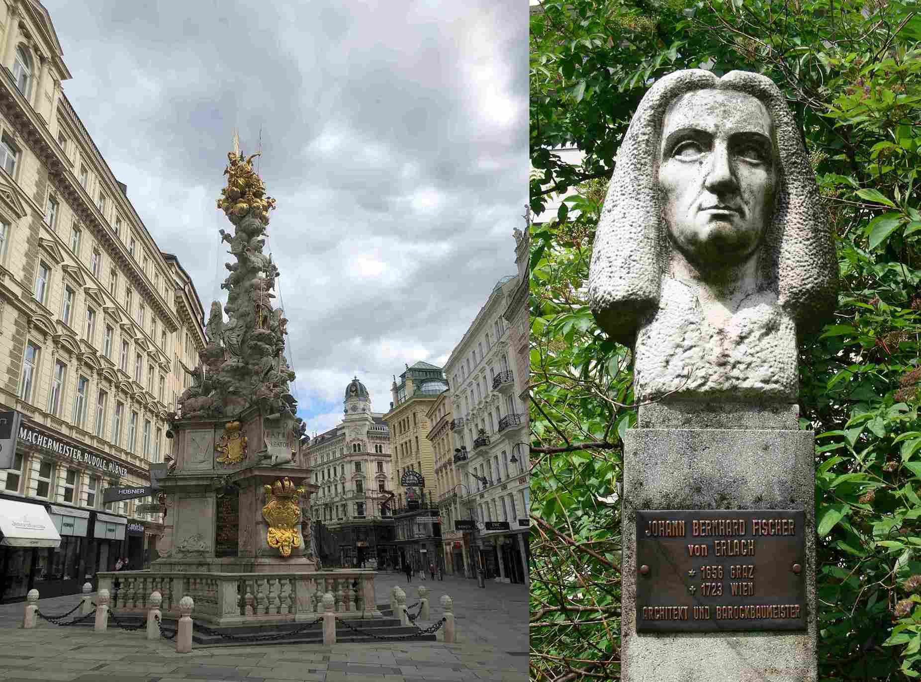 左：費雪在維也納處女作──「黑死病紀念柱」©宋雅雯/旅讀 右：費雪雕像© Andreas Praefcke /Wikimedia commons